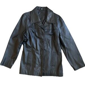 Jacqueline Ferrari Solid Black Leather Jacket Size Large Classic Button Money